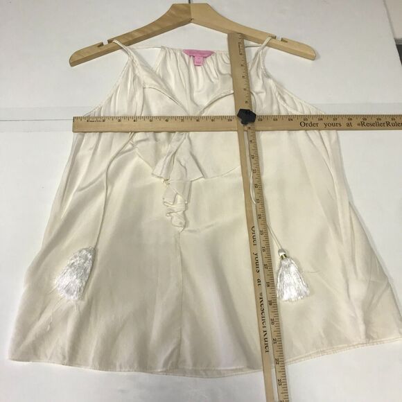 Lilly Pulitzer Cami Tank Womens XS Ivory Silk Ruffled V Neck Tasseled Boho - Picture 9 of 11